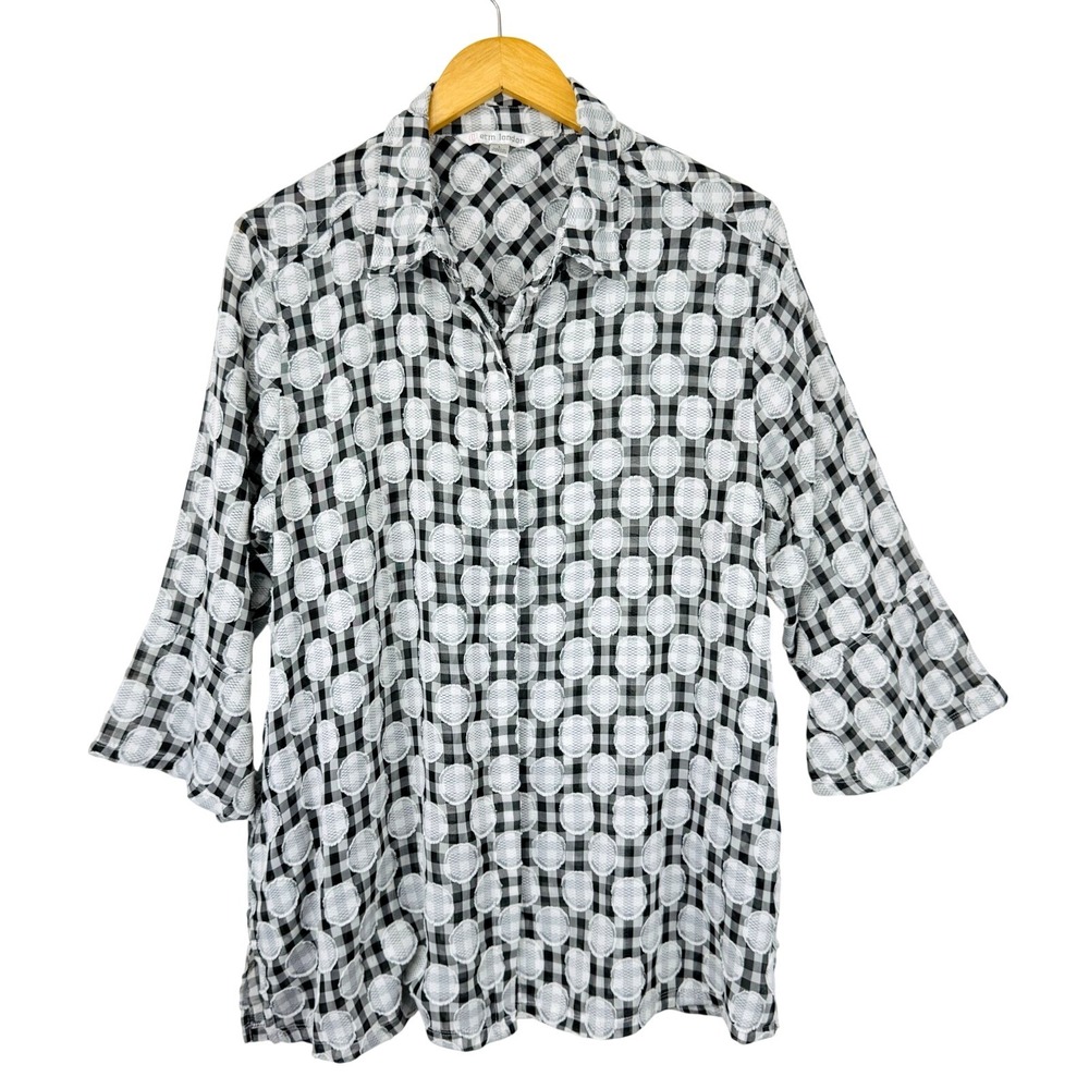 Erin London Blouse Size L Black White Burnout Polka Dot Sheer Button Up Pockets - Picture 2 of 9